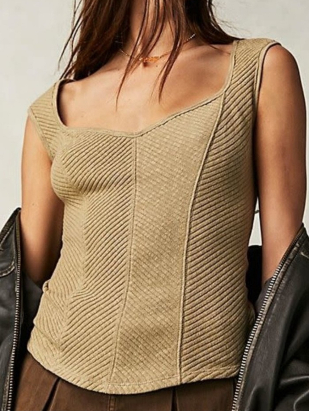 Ribbed Scoop Neck Tank Top - Beige